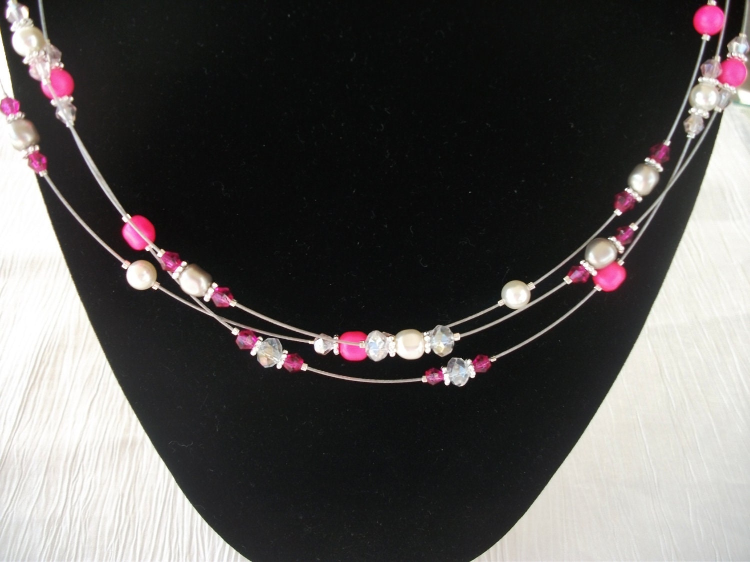 Swarovski pearl Swarovski crystal hot pink cream pewter and clear triple strand necklace