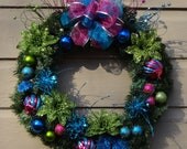 Christmas Sparkle Pink Turquoise Green Glittered artificial Grapevine Wreath 24X24