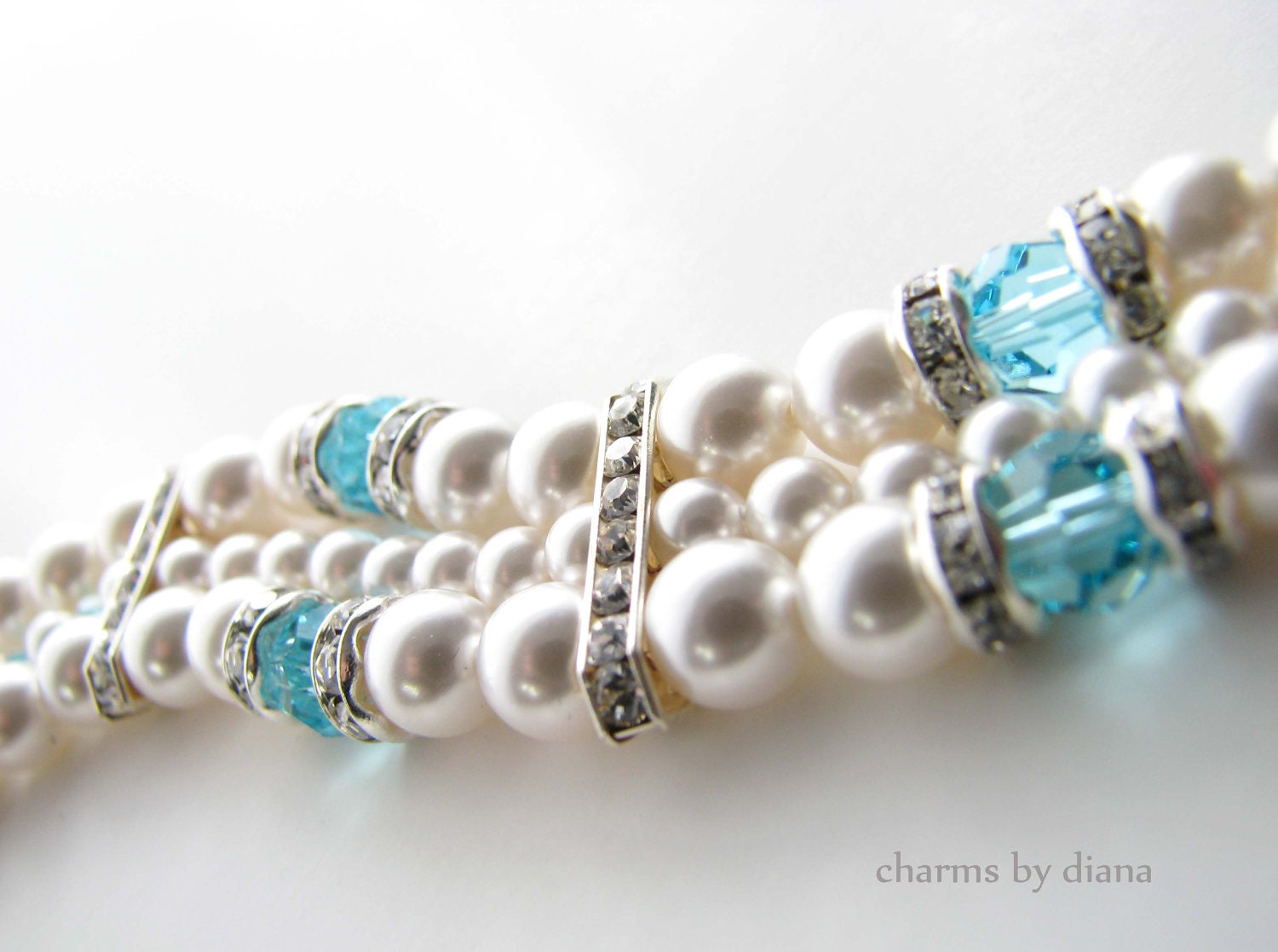 Triple Strand Pearl Cuff Bracelet - Swarovski white turquoise OOAK Vintage Inspired Wedding bridal jewelry
