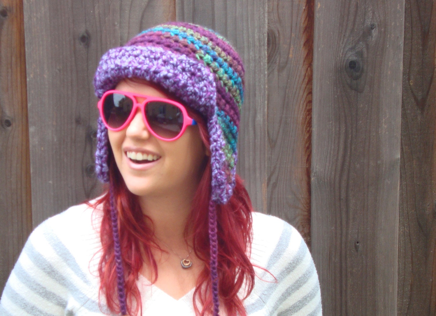 Aviator Hat, Berry/Green/Blue with Purple Brim (crochet ear-flap hat)