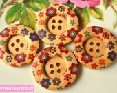 Wood buttons 30 mm, Painted Wooden Buttons 4pcs,  Big Round Button, Floral Design / Flower Pattern