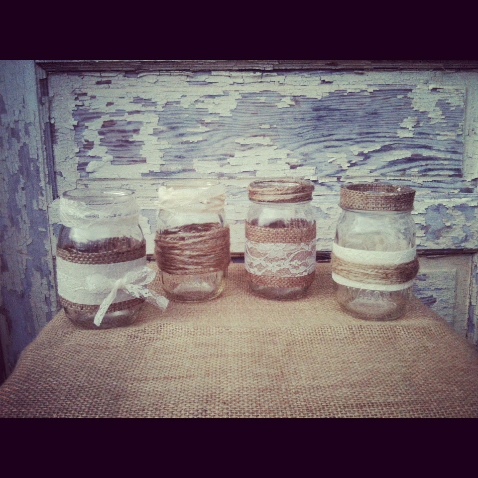 24 Burlap and Lace Mason Jar Wedding Vase Centerpiece Rustic Country Wedding Autumn Wedding Burlap Mason Jars Lace Mason Jars
