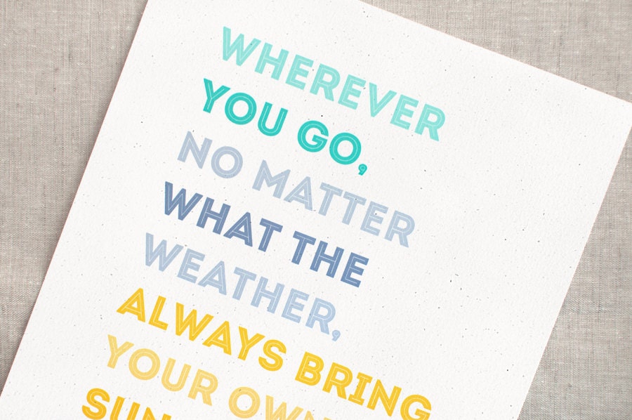 Inspirational Print - 8x10 - Sunshine Quote, Eco Friendly Typographic Wall Art - Color Block Teal, Blue, Yellow