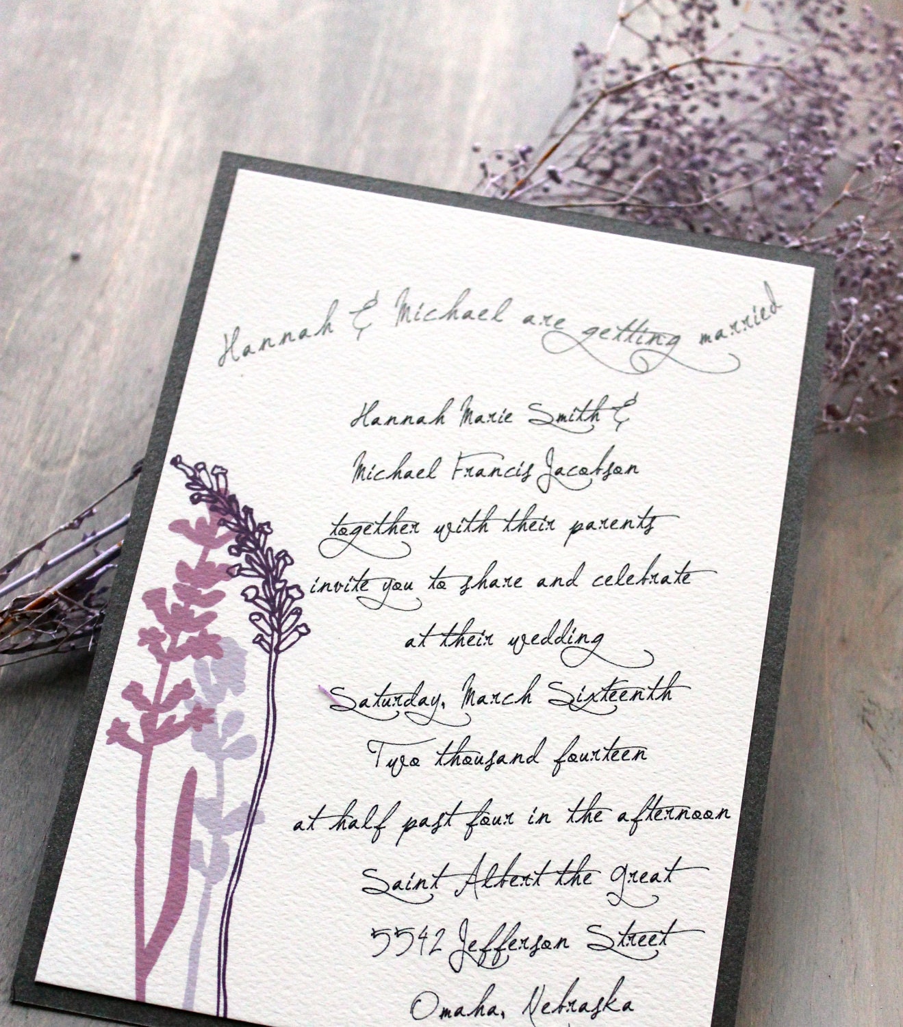 Lavender In Love - Purple Wedding Invitations, Rustic & Chic, Vintage, Lavender, Lilac, Gray Metallic  - Sample
