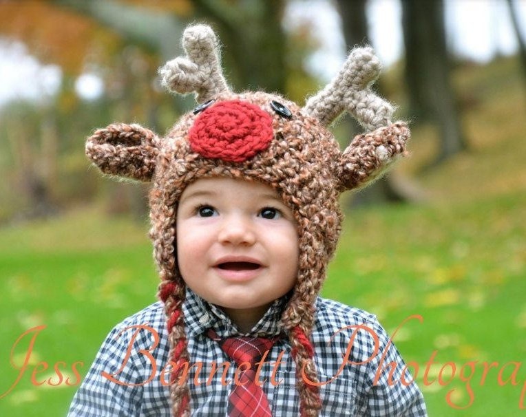 6-12 mo size--Baby Reindeer Hat with Ear Flaps--Crocheted Rudolf--Perfect Holiday Photo Prop