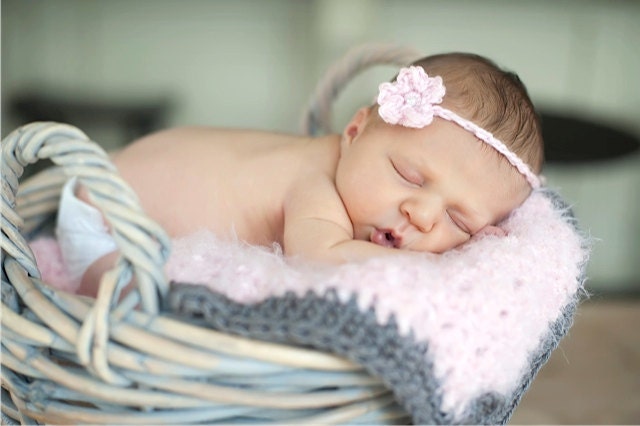 Baby Girl Flower Headband-Pink with Pearl bead-Crocheted Newborn Photo Prop