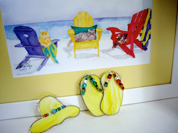 Flip Flop Hat Stained Glass Suncatcher Ensemble handmade