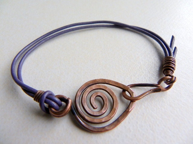 Leather friendship bracelet handmade purple wire wrapped copper women jewelry