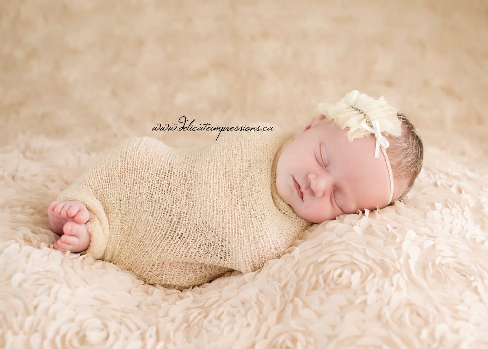 Shabby Chic Ruffled Chiffon and Diamontes Cream Vintage Skinny Headband Baby Child Girls
