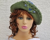 Beret Slouch Green Blue Womens Teens Crochet Hat