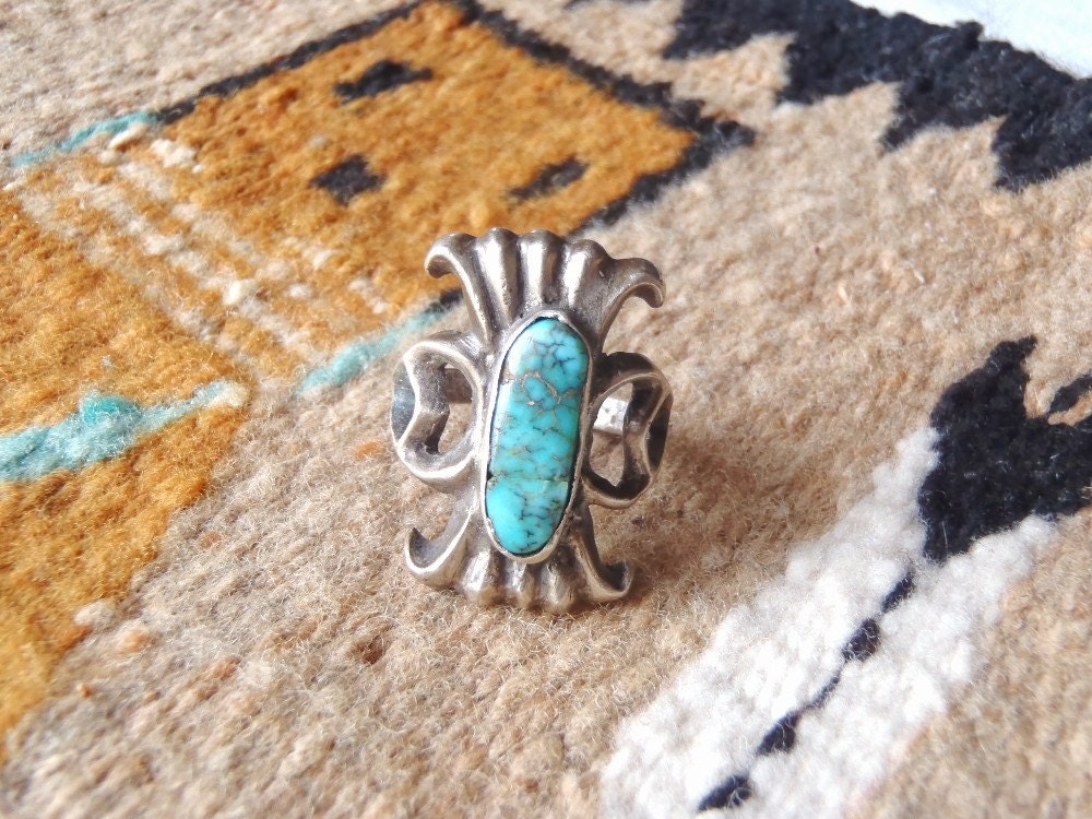 Vintage Tufa Cast Silver and Turquoise Ring Navajo Southwestern Jewelry Deep Blue Turquoise Dark Matrix Webbing SIZE 6-3/4