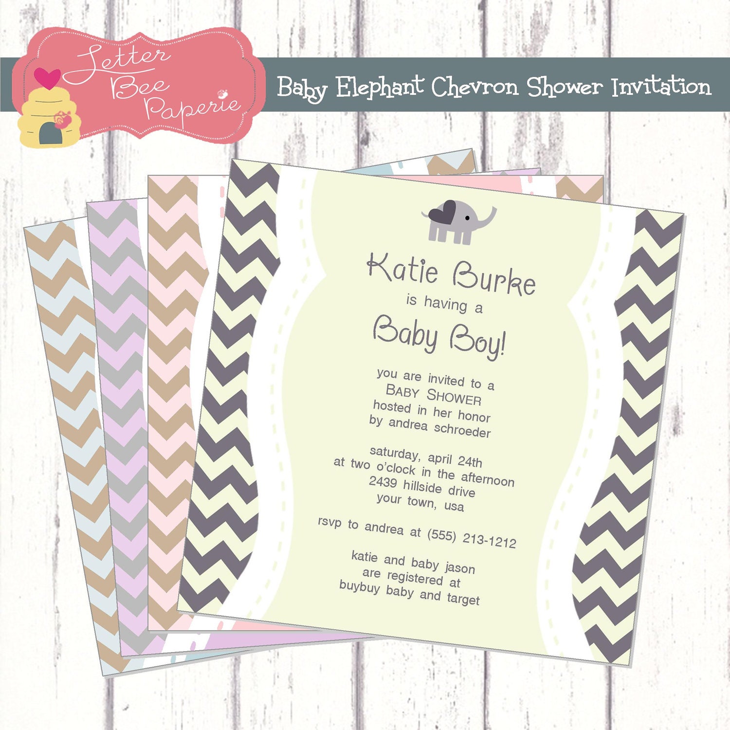 Baby Elephant Custom Chevron Baby Shower Invitation - Choose Your Colors - DIY Printable File Il_170x135