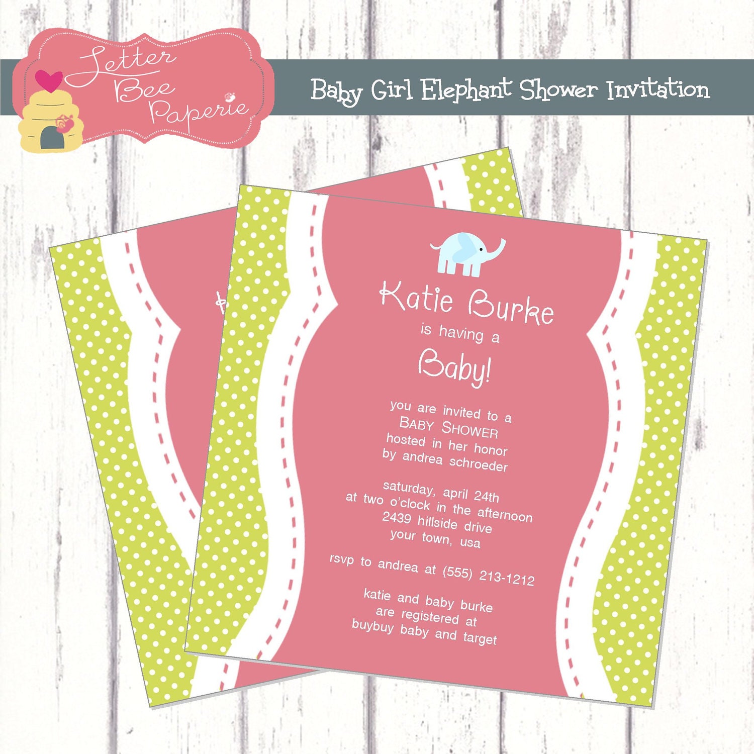 Polkadot Baby Elephant Custom Girl's Baby Shower Invitation - Choose Your Colors- DIY Printable File Il_170x135