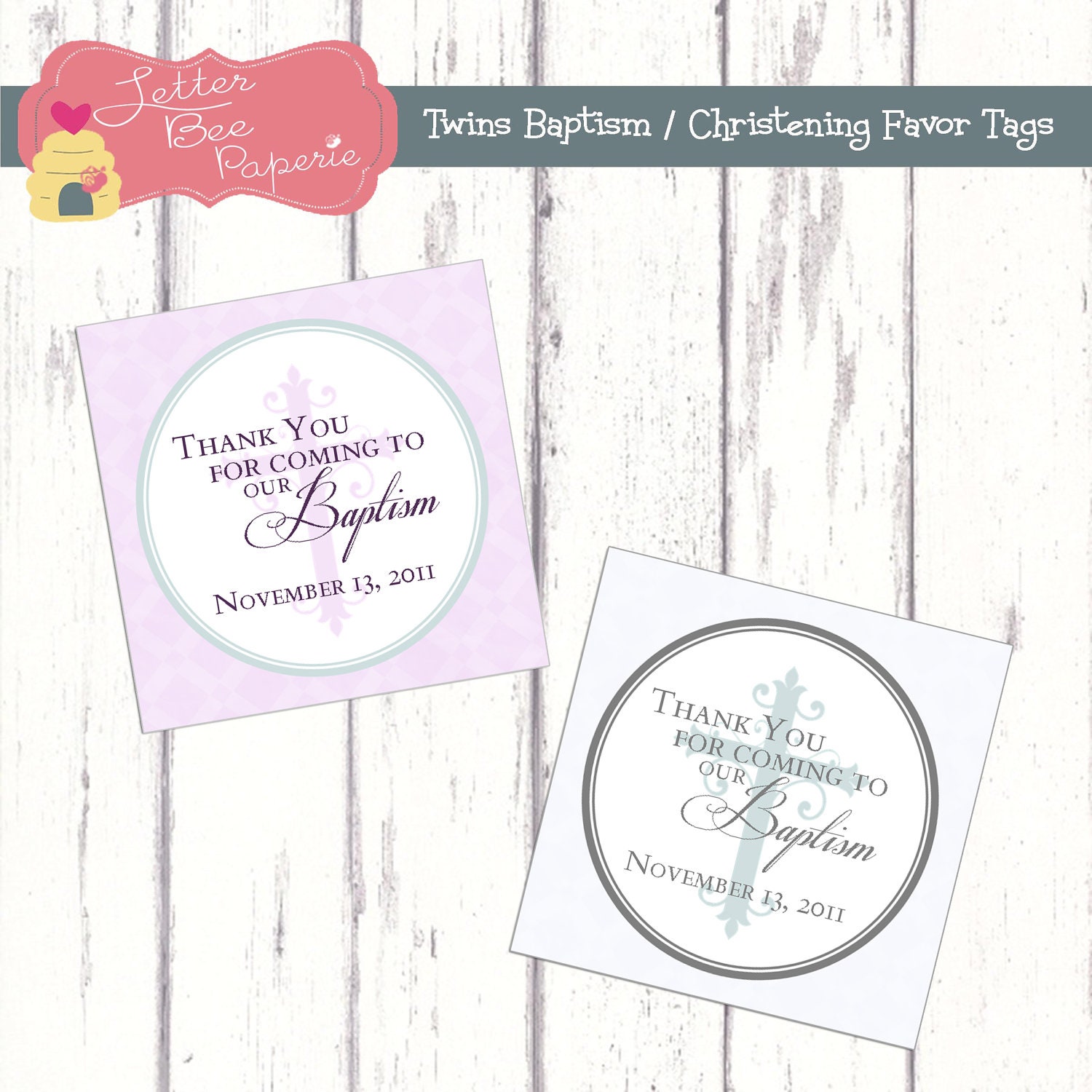 Baptism / Christening Thank You Favor Tags - 2x2 or 3x3 Size - Customize Your Colors - DIY Printable File Il_170x135