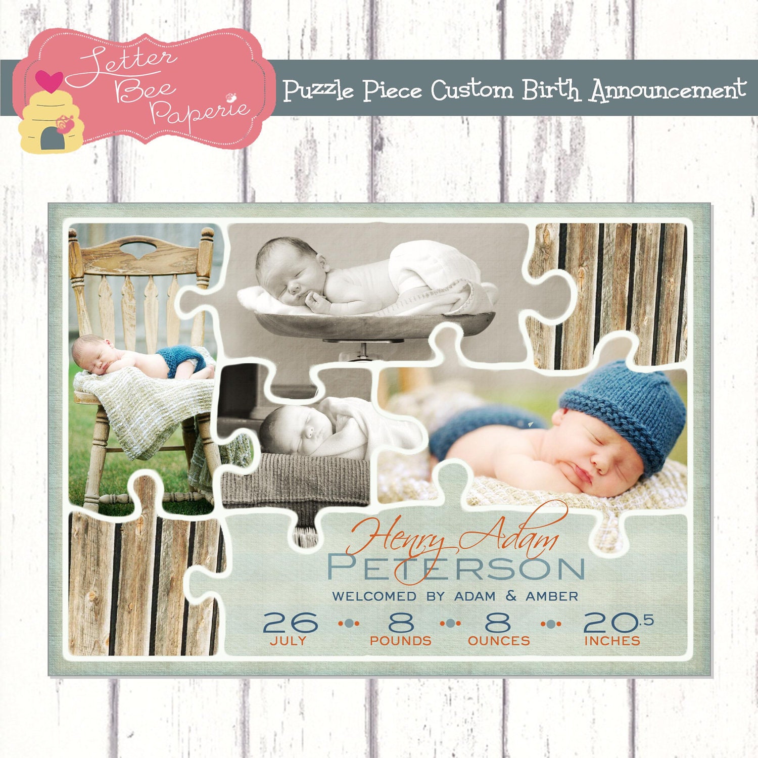 Puzzle Piece Custom Baby Boy Birth Announcement - DIY Printable File - Choose Your Colors Il_570xn