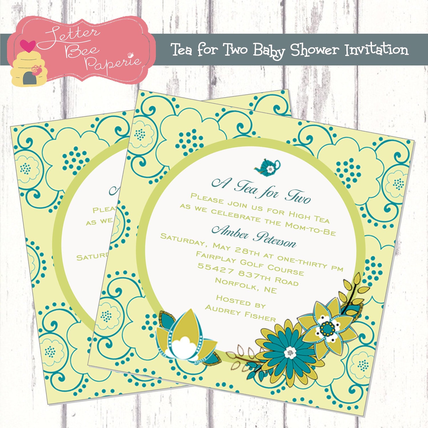 Tea for Two Custom Baby or Bridal Shower Invitation - Custom Colors Available Il_570xn