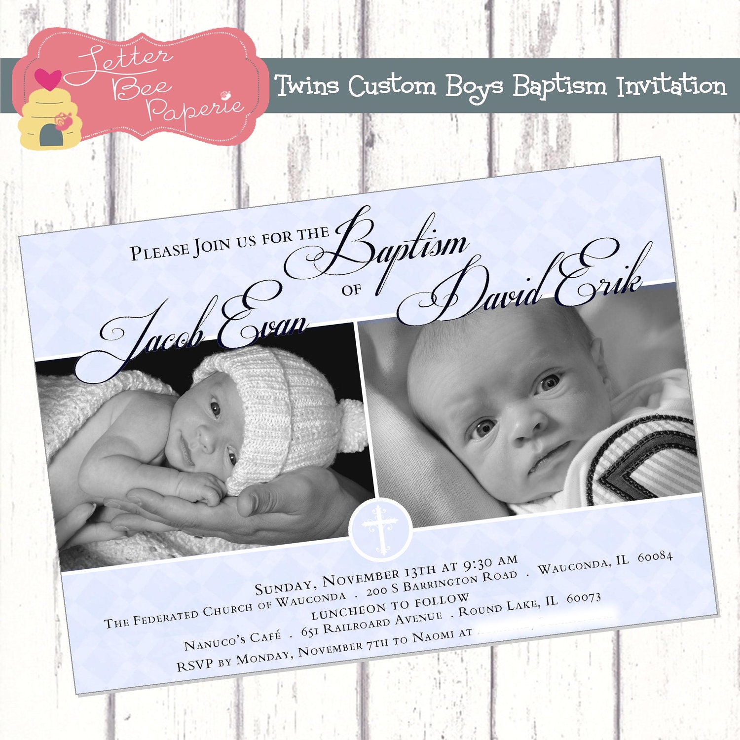 Twins Custom Baby Boys Baptism Invitation - Customize Your Colors - DIY Printable File Il_570xn