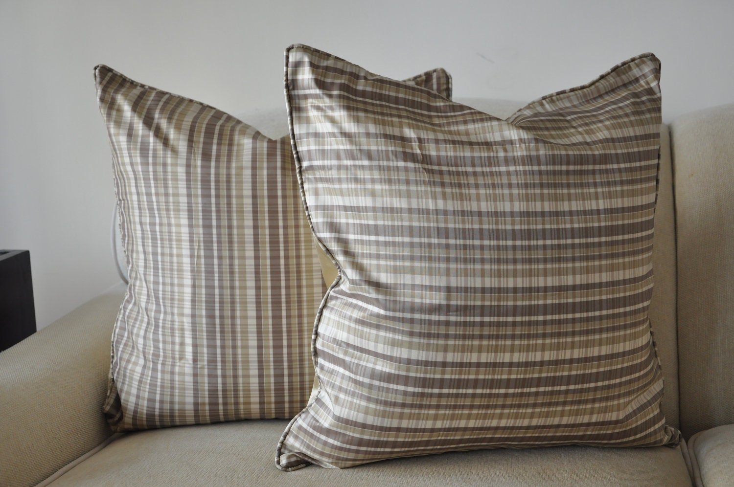 A Neutral Strie Thai Plaid Silk Pillow with Solid Bronze Silk Back