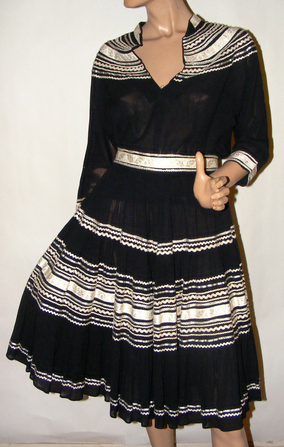 Vintage 1940s 50s Squaw Patio 2 Piece Dress Black Silver Trim Faye's Creations AZ Medium
