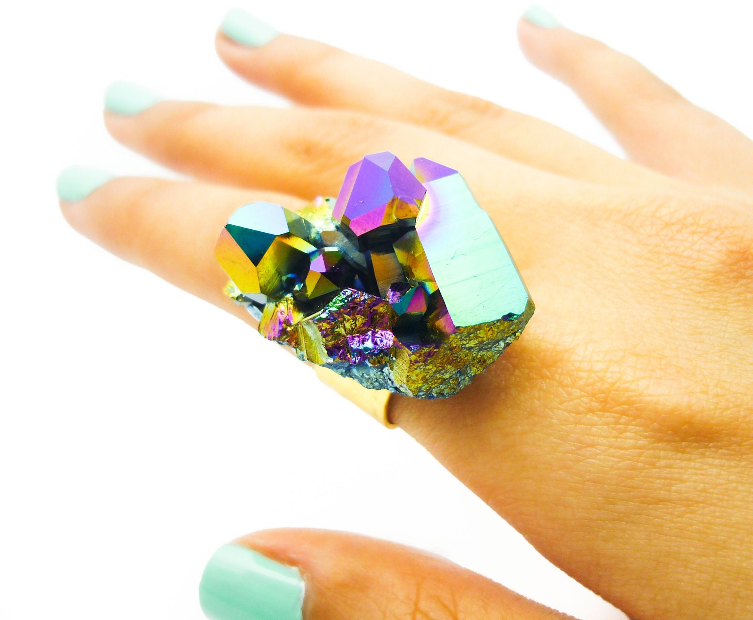 Titanium Quartz Rainbow Druzy Ring Aura Crystal Stone Cluster