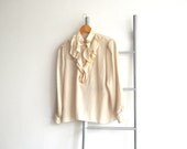 Vintage 1980s Evening Wear Blouse See Through  Ivory Frilly Front Top