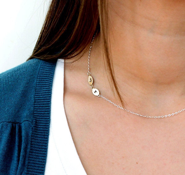 Personalized Jewelry - Couple's Necklace - Sideways Initial Necklace in Brass Two Pendants - Wedding Gift - Gift for Bride