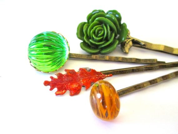 Woodland Hairpins Bridal Hair Accessories Green Orange Leaves Bobby Pins Clips Hair Jewellry Hairpieces Wedding Handmade Flower