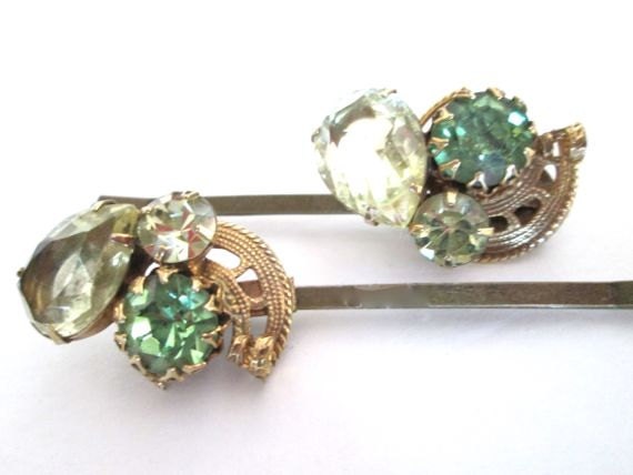 Bridal Green Gold Jeweled Hair Crystal Accessories Hairpins Bobby Pin Set Clips Vintage Green Wedding