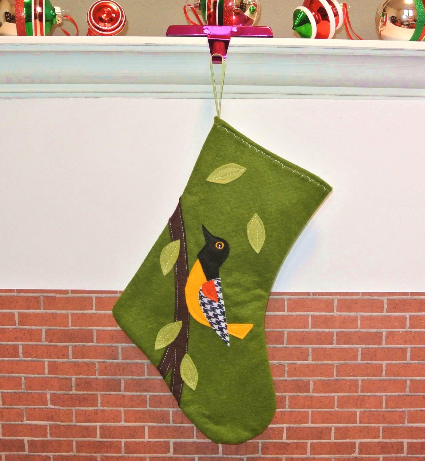 Oriole Bird Christmas Stocking in Olive Green by Allenbrite Studio