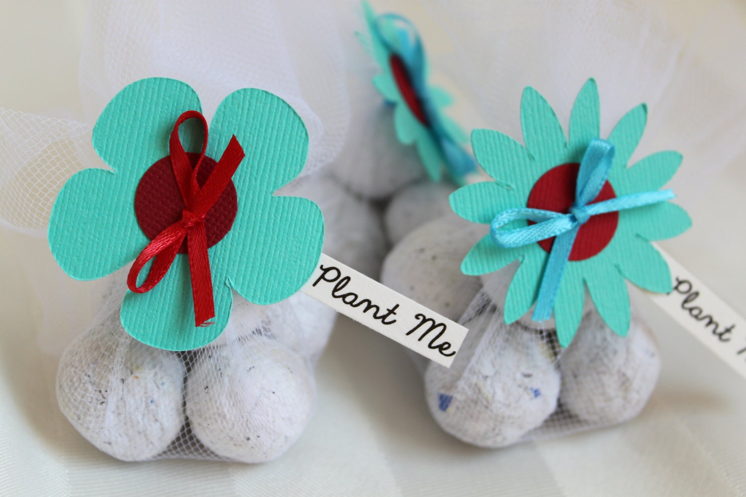Turquoise and Red Paper Flower - Wedding Color Trends 2013 - Eco Friendly Recycled Plantable Paper Seed Bomb Wedding or Party Favors