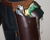 LARP Leather NERF Maverick Holster (Brown/Brass/LEFT hang) by Clockwork Firebird Designs