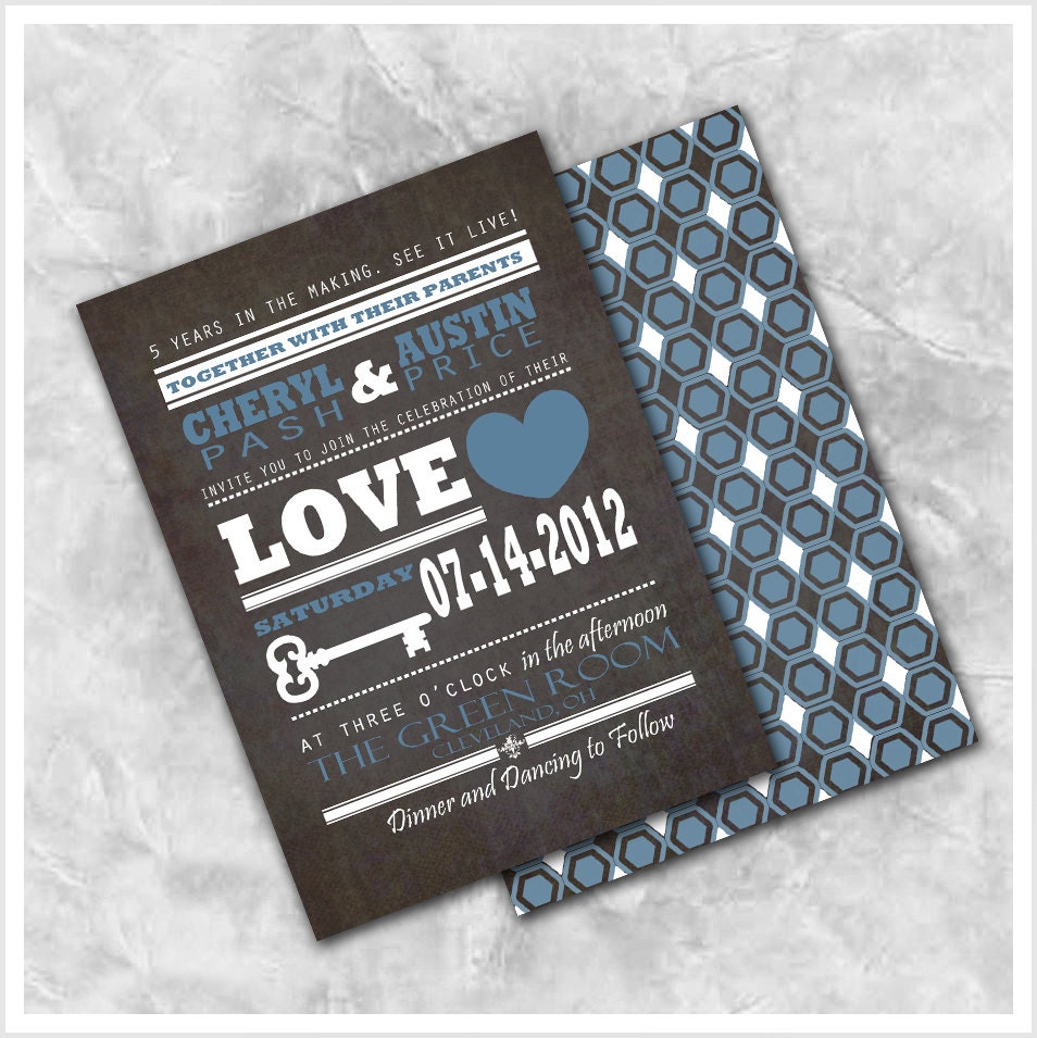 Key Heart Rustic Brown Blue Wedding Invitation