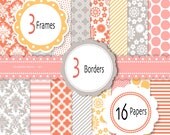Orange yellow pink and grey Digital scrapbook printable paper and clipart, 16 sheets and 6 clip arts - INSTANT DOWNLOAD Pack 383