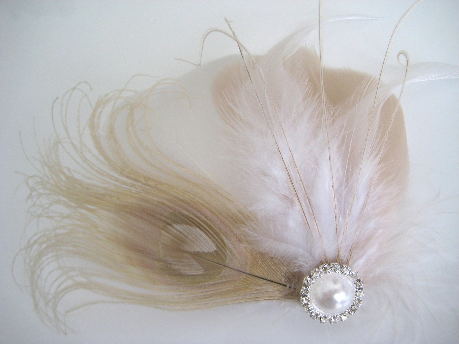 Wedding Bridal White Champagne Blush Peacock Feather Pearl Rhinestone Jewel Head Piece Hair Clip Fascinator Accessory