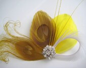 Wedding Bridal White Mustard Yellow Peacock Feather Rhinestone Jewel Head Piece Hair Clip Fascinator