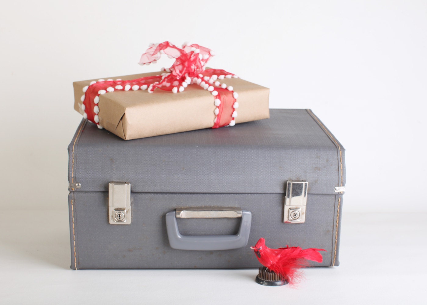 Vintage Small Grey Suitcase, Display Luggage, Christmas Present Holder, Wedding Card Box