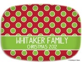 Monogram PLATTER - Melamine - CHRISTMAS HOLIDAY Name - 3 Letter initial - Personalized Custom green red polka name band