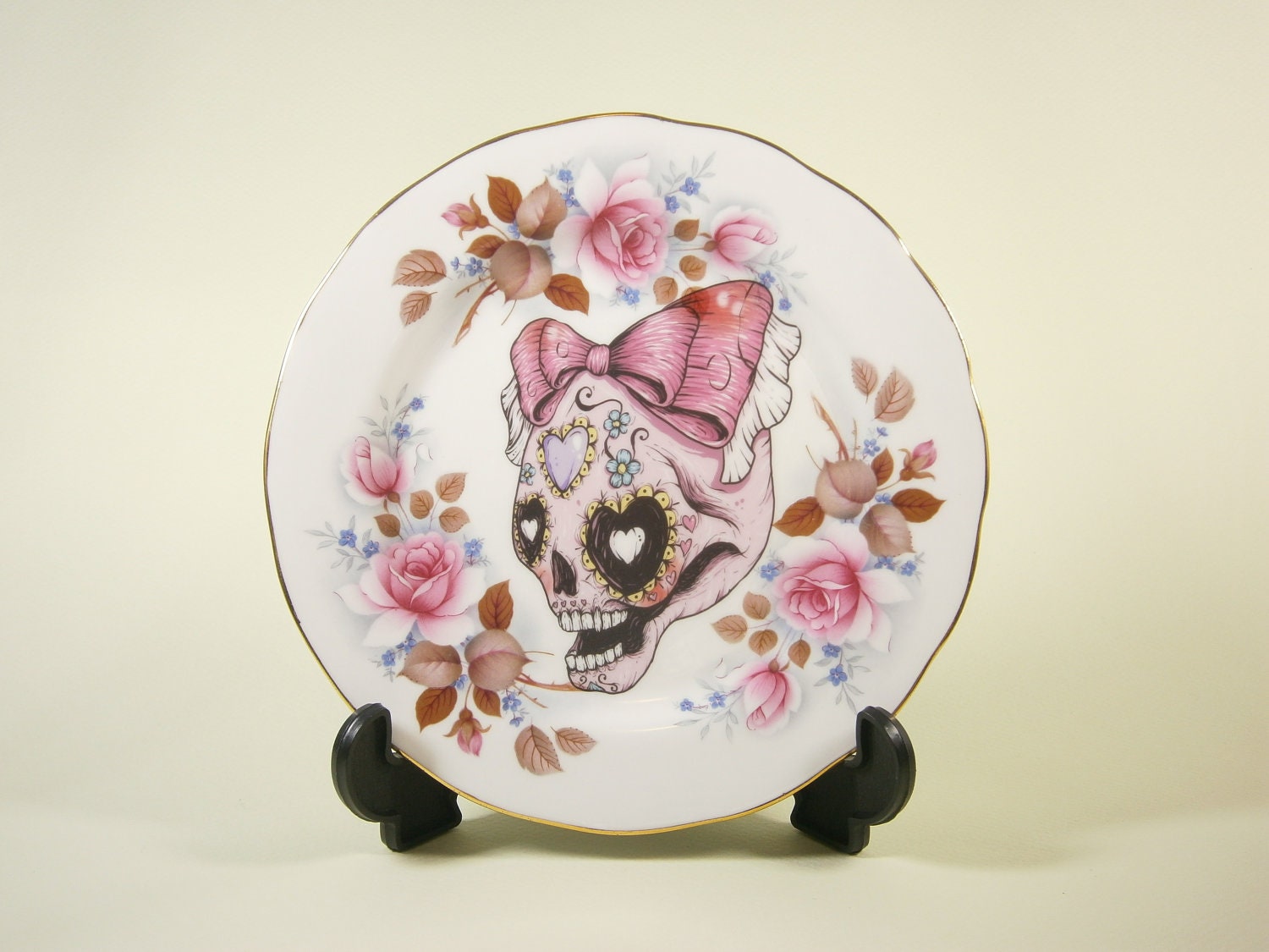 Vintage Butter Plate with a Sugar Skull Illustration by Little Lala