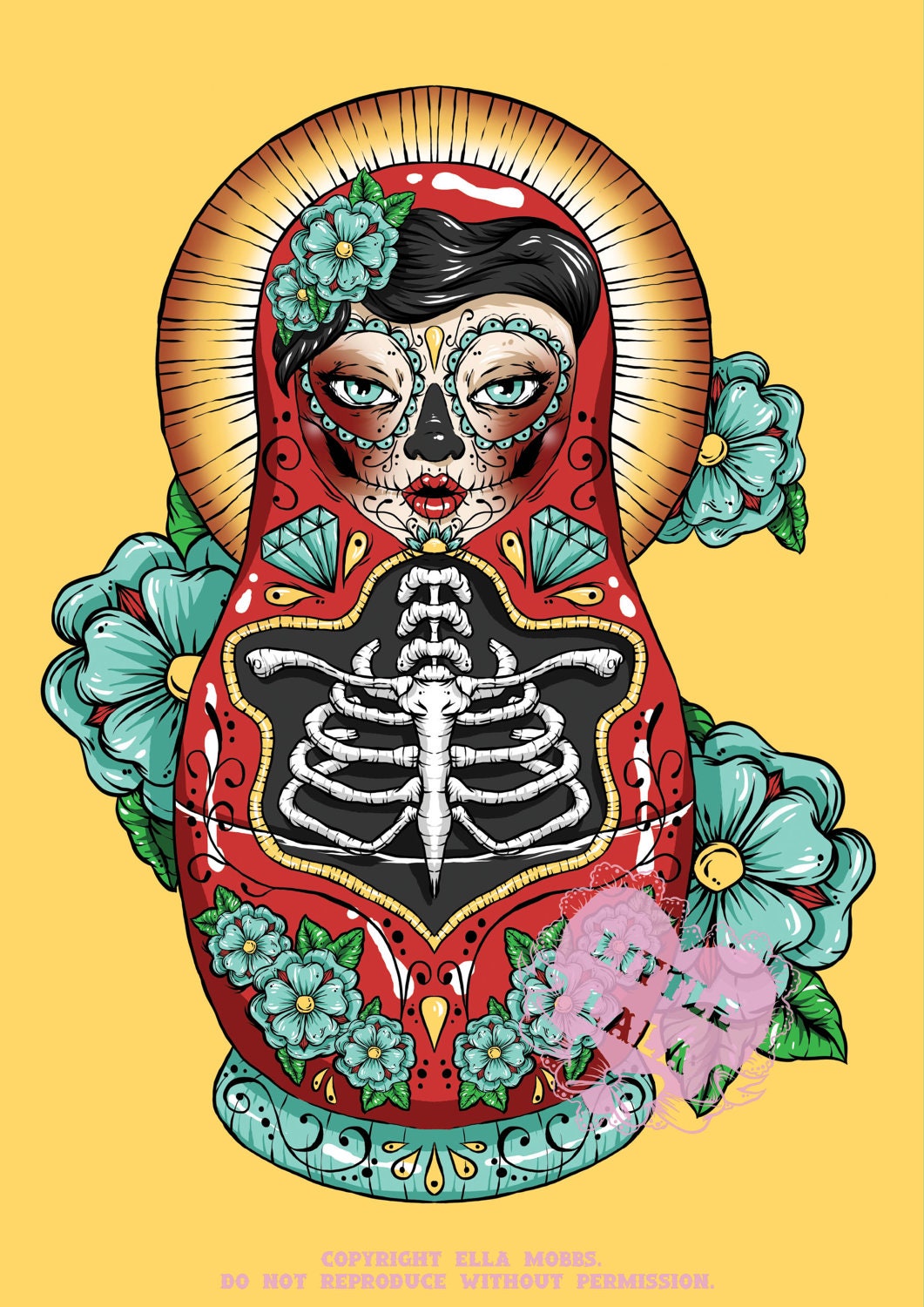 A4 Print of a Day of The Dead Russian Doll Illustration