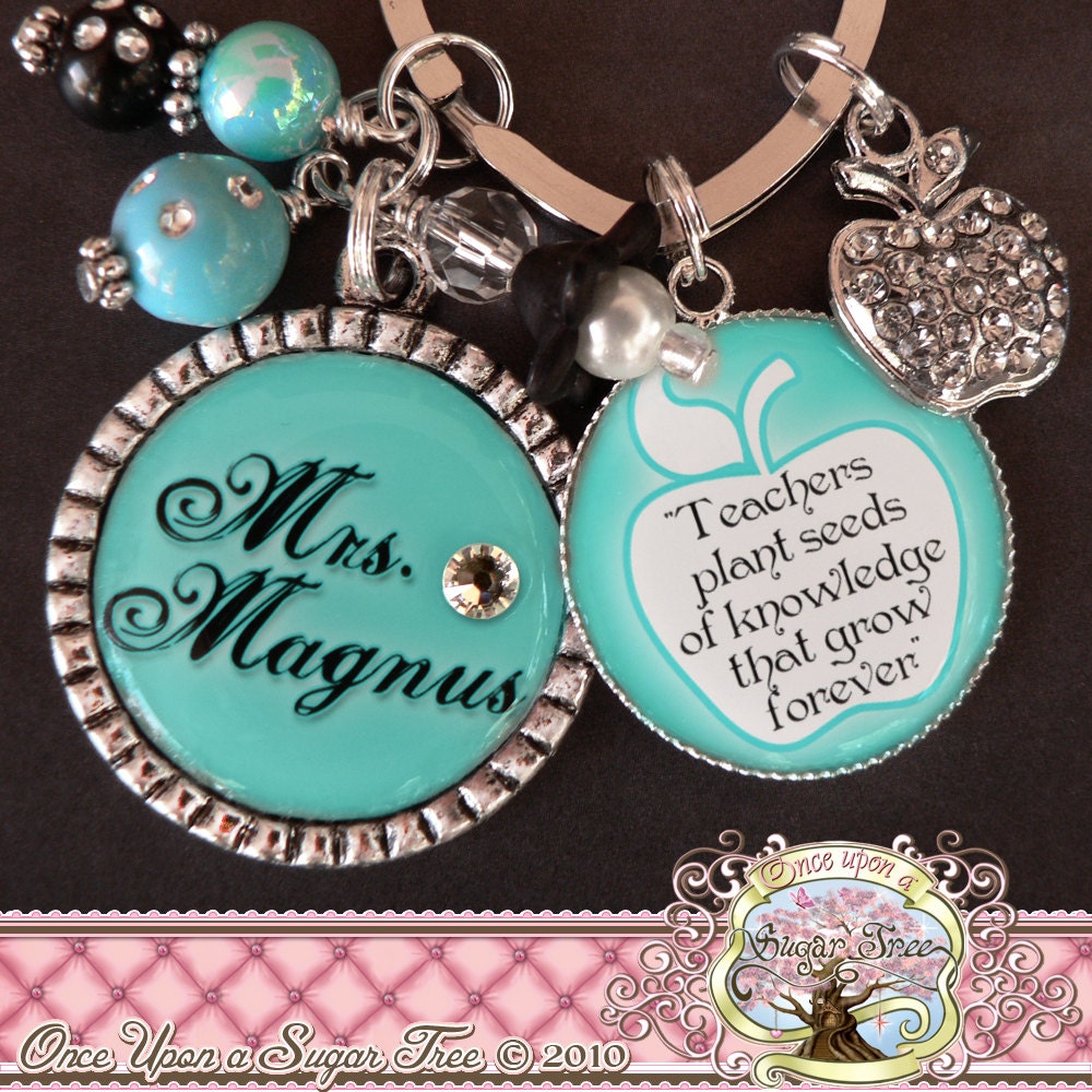 Teacher Gift Personalized Key Chain (or Necklace), Inspirational Quote, Thank You Gift, Teacher Appreciation, Rhinestone Apple Charm, School