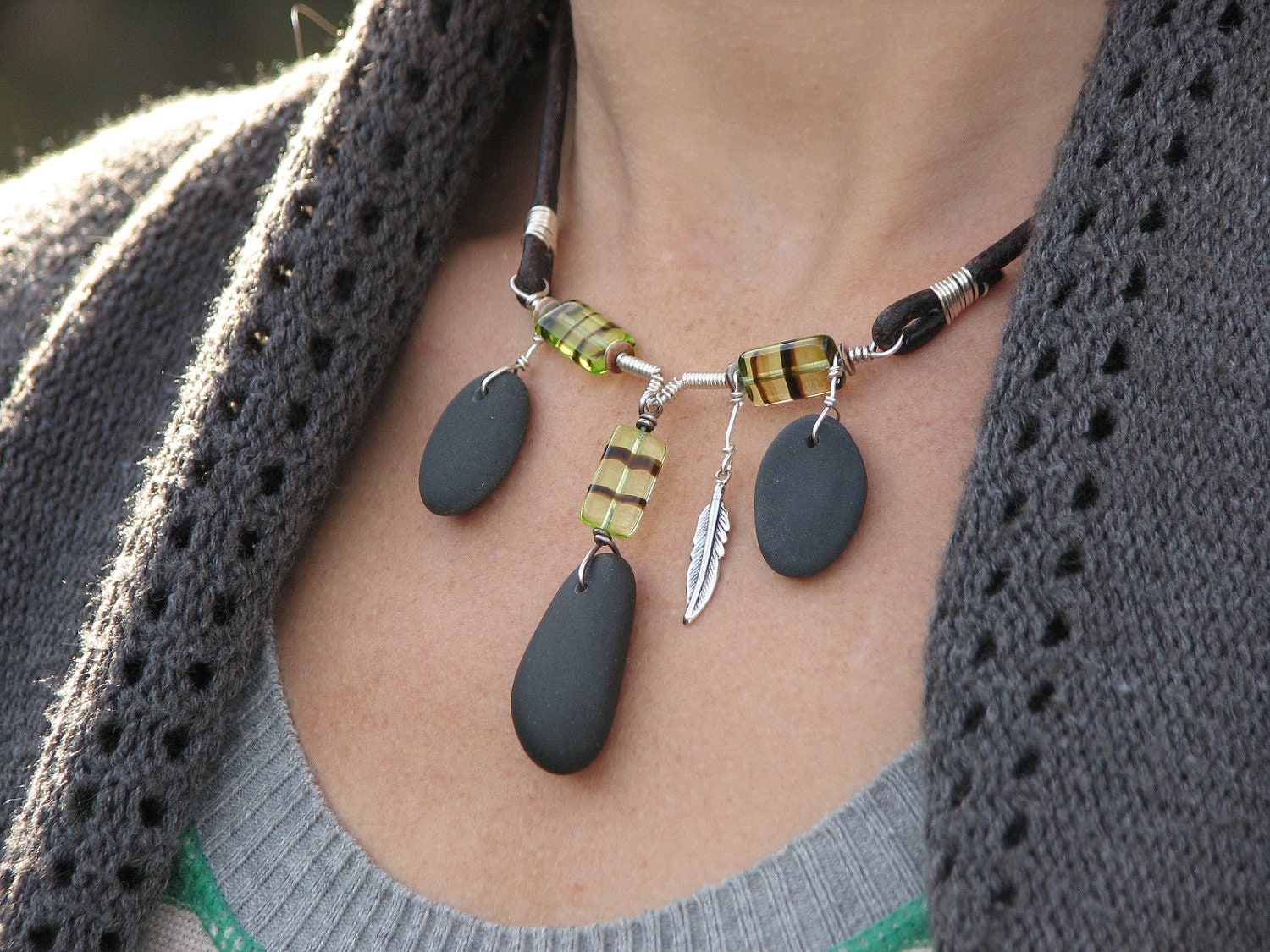 Beach Stone Jewelry Wire Wrapped Jewlery Handmade Natural Stone Necklace Hippie Tribal Lake Superior Stone Artisan Made