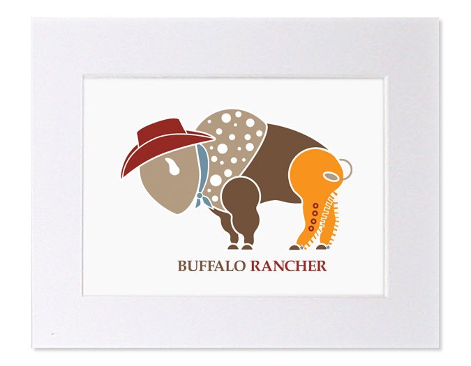 Cowboy Art Print Buffalo Rancher Chaps, Spurs, Cowboy Hat Fun 11x14