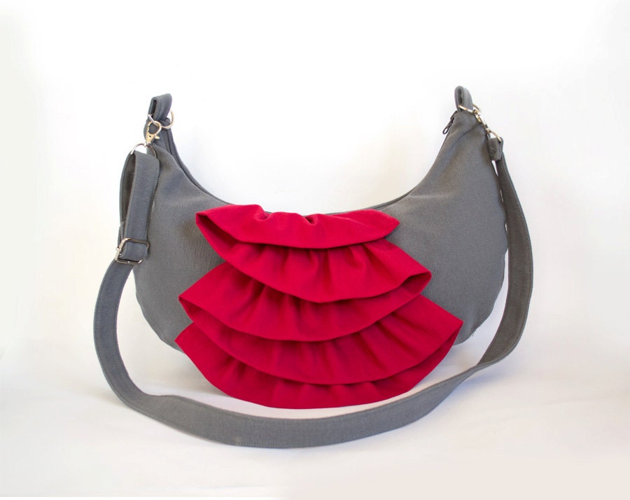Raspberry Red and Grey Crossbody Ruffle Bag