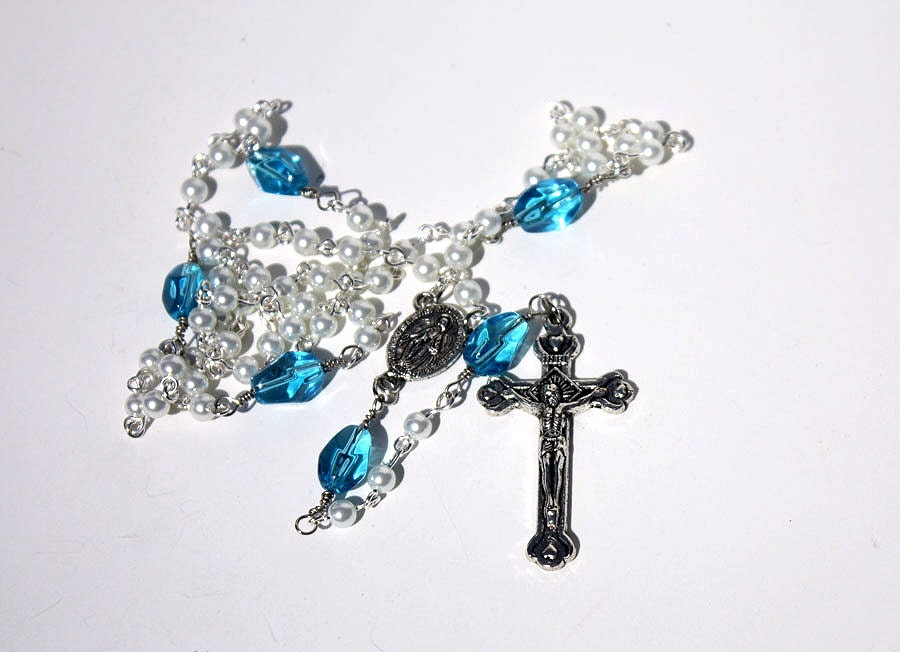 Rosary, Blue Rosary, Pearl Rosary, White Pearls, Silver Crucifix, Cross