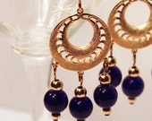 Gold Earrings, Blue Glass, Dangle, Beaded, Gold Plate Chandelier
