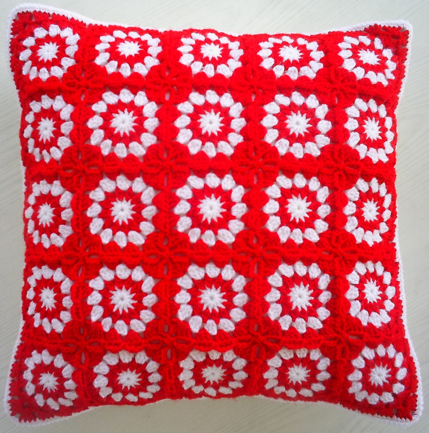the red and white granny square cushion cover / pillow cover
