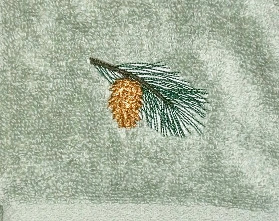 Hand Towels Bath Pinecone Cabin Lodge Sage Machine Embroidered Set of 2