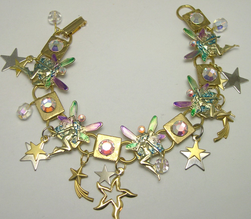 Charm Fairy Bracelet, fairy bracelet, fey charm bracelet, upcycled, recycled, eco friendly, fairy jewelry, fantasy jewellery, ooak