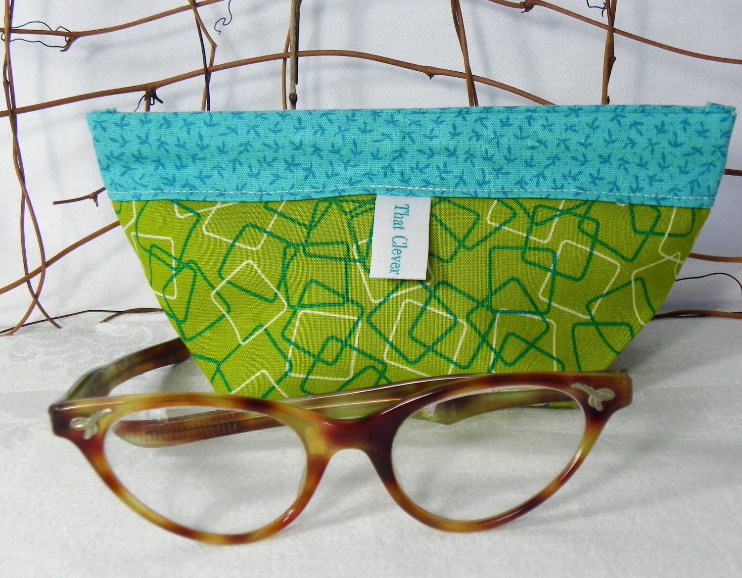 Makeup Bag, Notions Pouch, Purse Organizer Accessory: Green and Blue Retro Print -- A Snappy Snapdragon Pouch