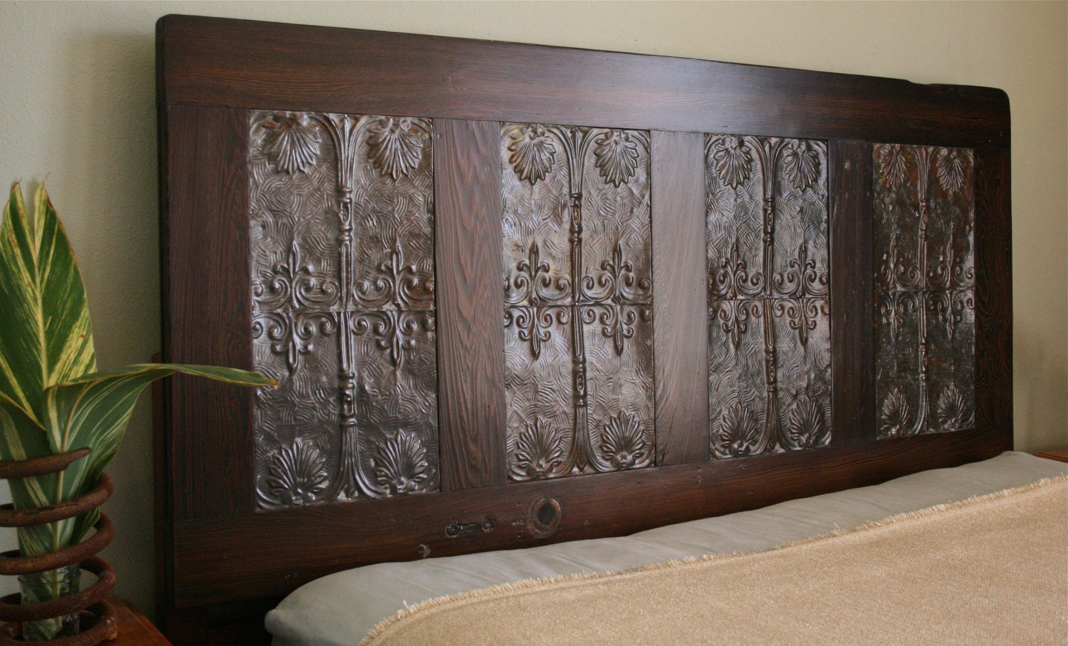 Queen Headboard Made From Reclaimed Door and Paired with Victorian Ceiling Tin